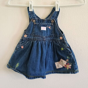 OshKosh B'Gosh Denim Blue Jean Denim Jumper Embroidered Pink Flowers Patches 3/6